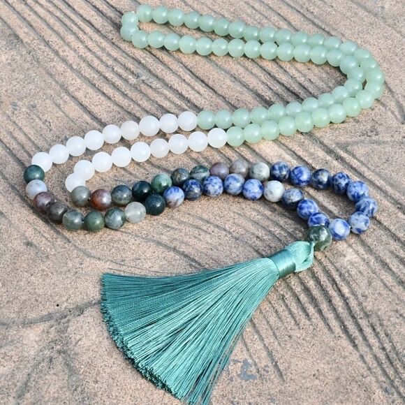 New! Blue Beaded Mala Necklace With Tassel - Picture 7 of 9